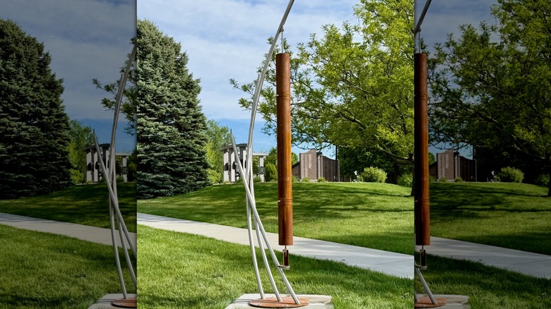 Stainless steel-made sculpture titled "Warning Beacon II" by Tiimo Mang placed at a green space on Pearl Street in Wayne, Nebraska