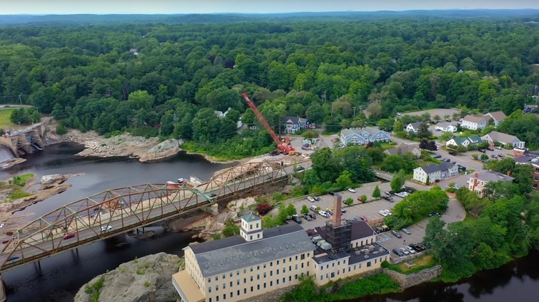Bridge and buildings in downtown Topsham, Maine