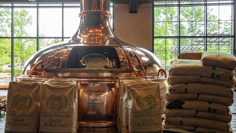 Mills River, NC / USA - May 6, 2019: Mash Tun at Sierra Nevada Brewery with bags of oats waiting to be added to the brew