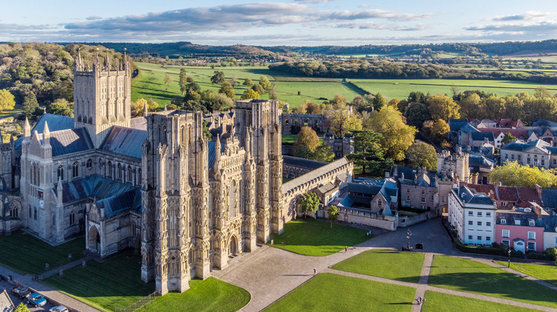 Wells Cathedral and its ornate facade in Wells, Somerset, England