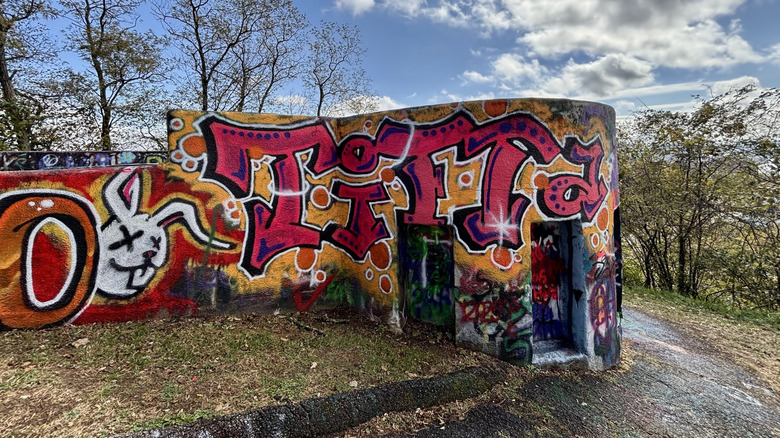Graffiti-covered castle-like structure of Mount Hood Overlook in Wheeling, West Virginia