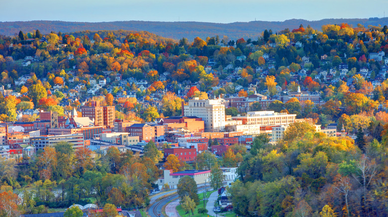 An aerial view of Morgantown, West Virginia on a fall day