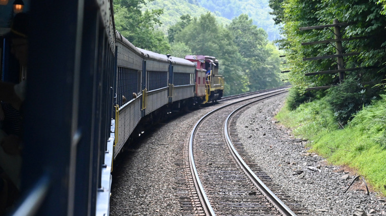 A view of a train from the caboose in West Virginia.