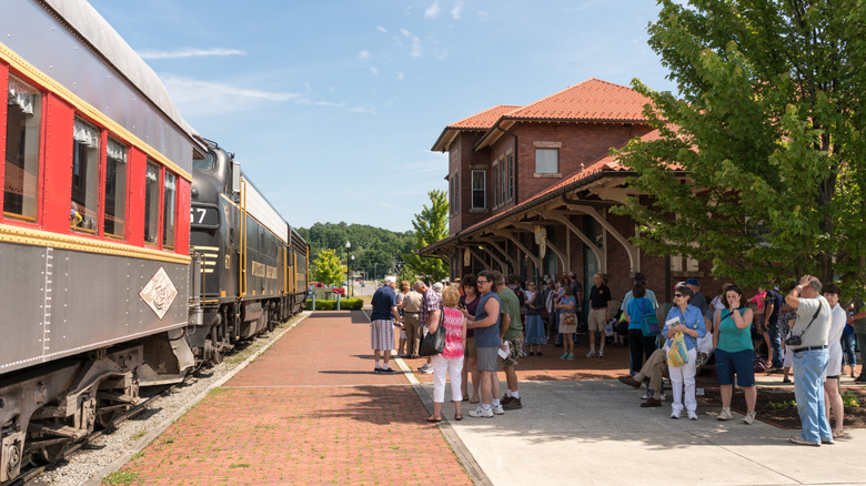 Passengers prepare to board the Tygart Flyer in Elkins, West Virginia