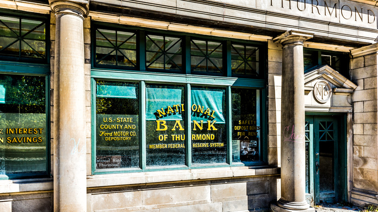 Retro vintage building with National Bank sign in Thurmond, West Virginia