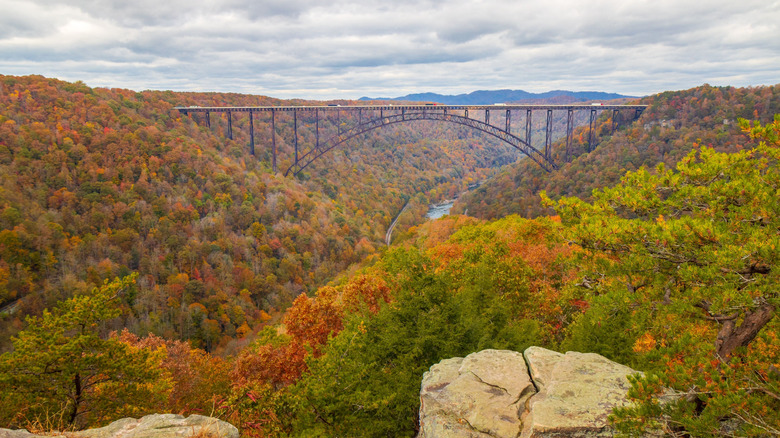 View of the New River Gorge Bridge in autumn with leaves turning