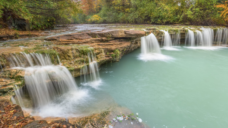 Albert Falls cascading over a short rocky overhang in Thomas, West Virginia