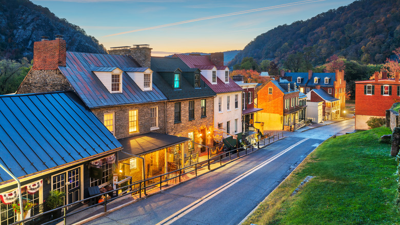 Picturesque street with brick buildings in Harpers Ferry in fall