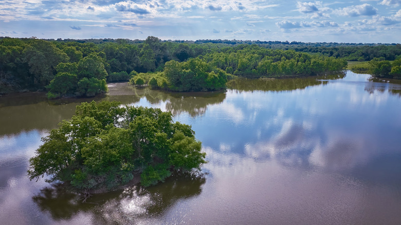An aerial view of the Englewood Recreation Reservoir in Englewood MetroPark in Dayton, Ohio
