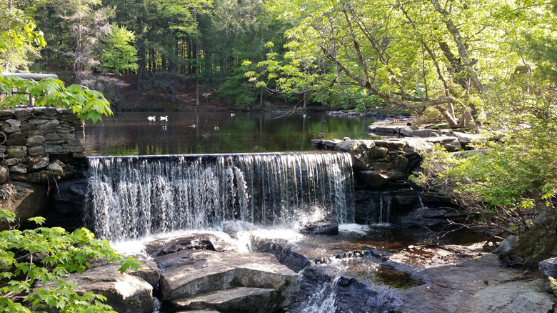Waterfall and pond outside the Old Mill Restaurant in Westminster, Massachusetts, surrounded by green foliage