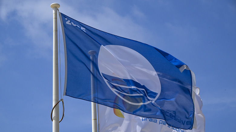 Blue Flag beach flag blowing in the wind.