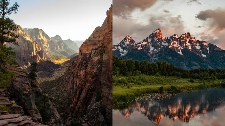 A side-by-side image or Zion National Park and Grand Teton National Park