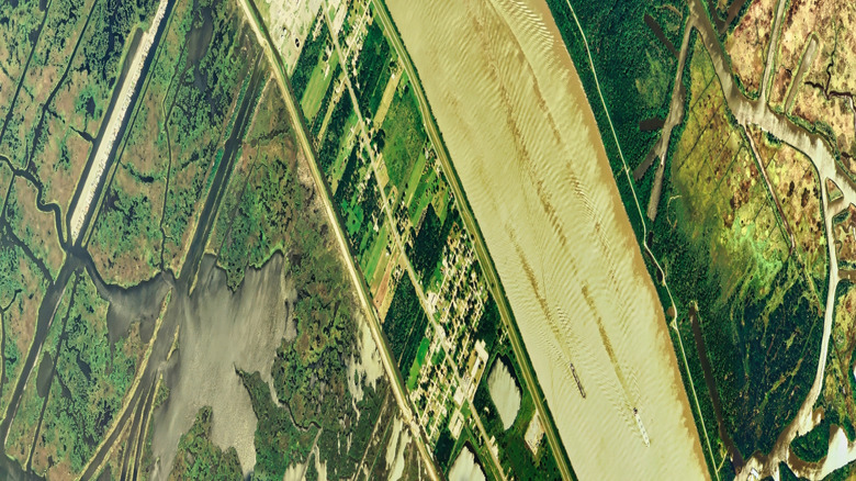 An aerial view of Louisiana along a river