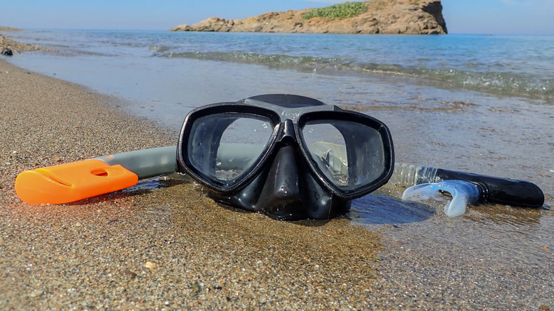Snorkel and mask left on the sand.