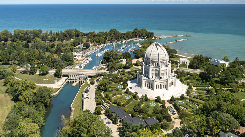 Baháʼí House of Worship overlooking Lake Michigan harbor and greenery in Wilmette, Illinois