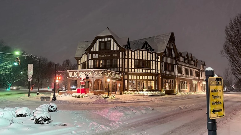 The exterior of the Mariemont Inn on a snow day in Mariemont, Ohio.