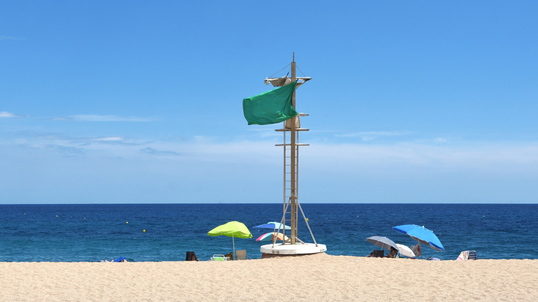 A green beach flag raised above calm waters