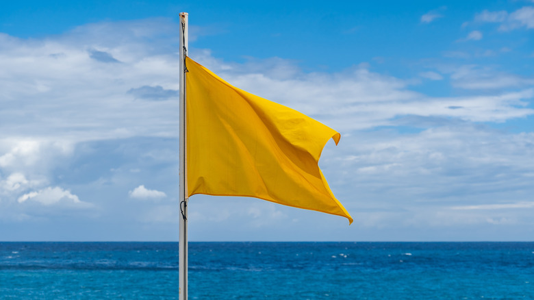A yellow flag flies high above turquoise blue waters