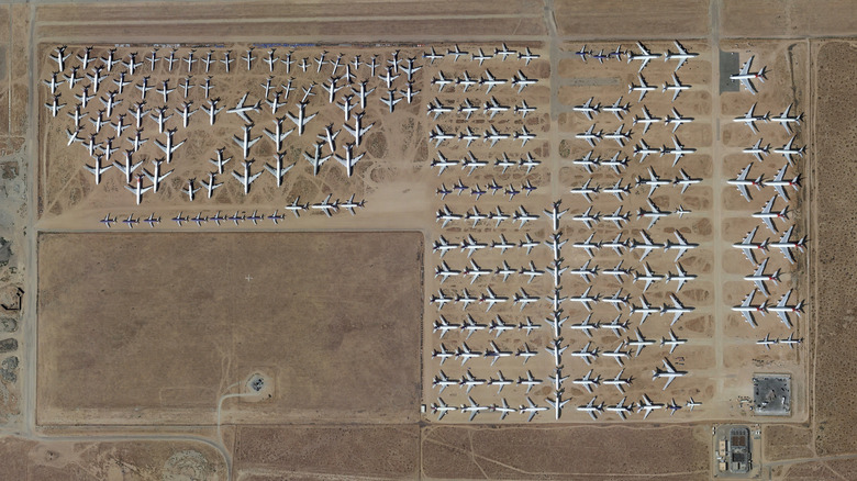 Aerial view of the aircraft boneyard at Victorville, California.