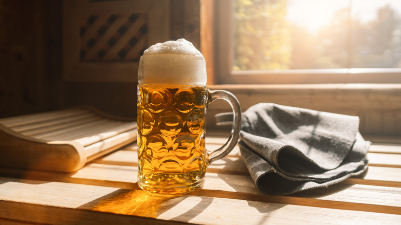 A liter of beer on a wooden table at a spa