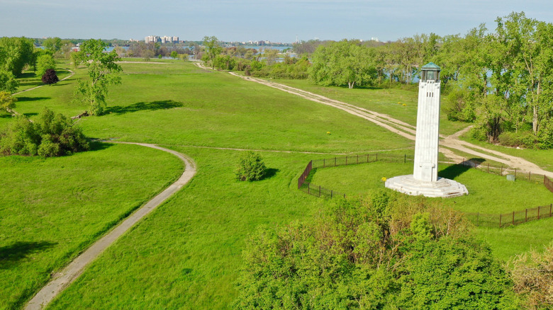 Aerial view of the lighthouse and green space on Belle Isle Park, Michigan