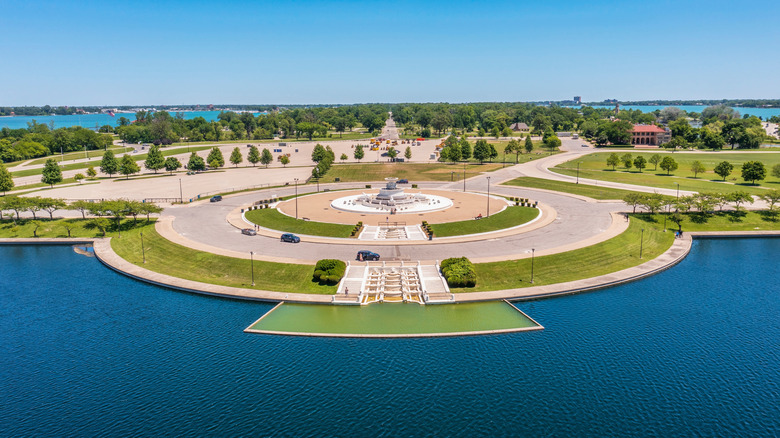 Aerial view of the James Scott Memorial Fountain at Belle Isle Park in Detroit