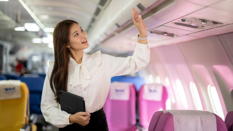 Smiling flight attendant holding a tablet and checking the airplane cabin
