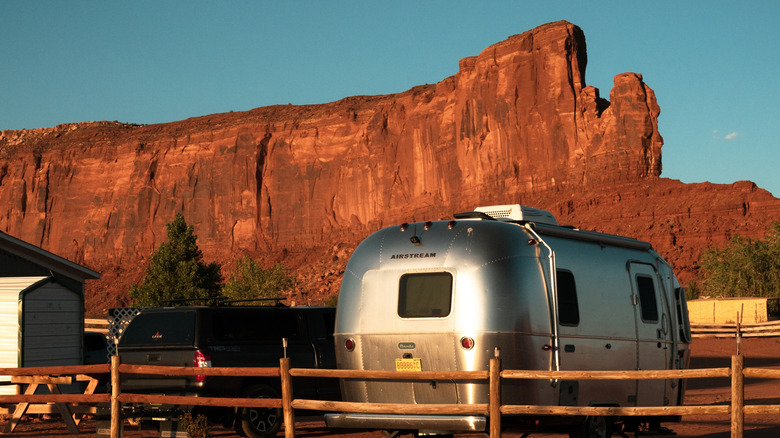 A vintage airstream trailer camping at Monument Valley, Arizona