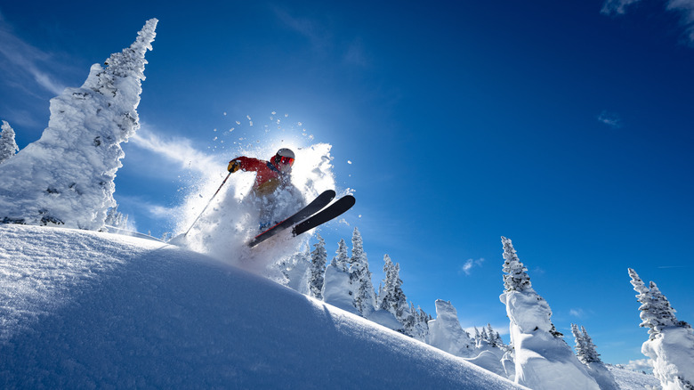A skier goes down a slope on a sunny day
