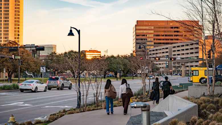 Pedestrians walking in downtown Dallas