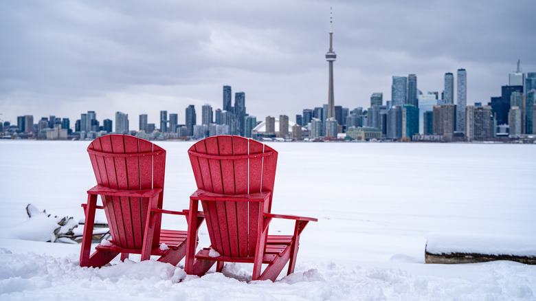 Snow-covered winter view of Toronto across Lake Ontario from the Toronto Islands