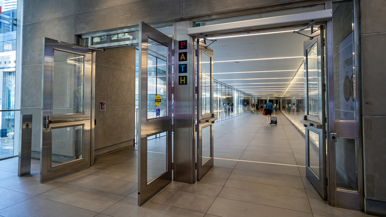 View of doors opening into the PATH corridor in Toronto