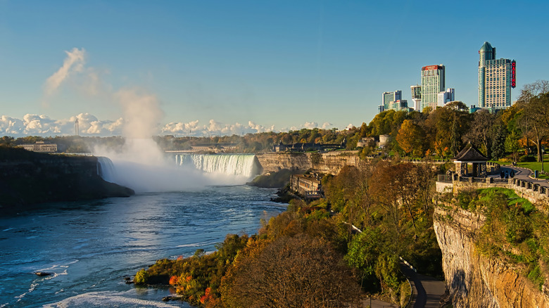 City of Niagara Falls and waterfall with gorge landscape in autumn