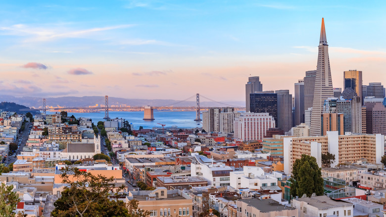 Broad view of San Francisco skyline during sunset