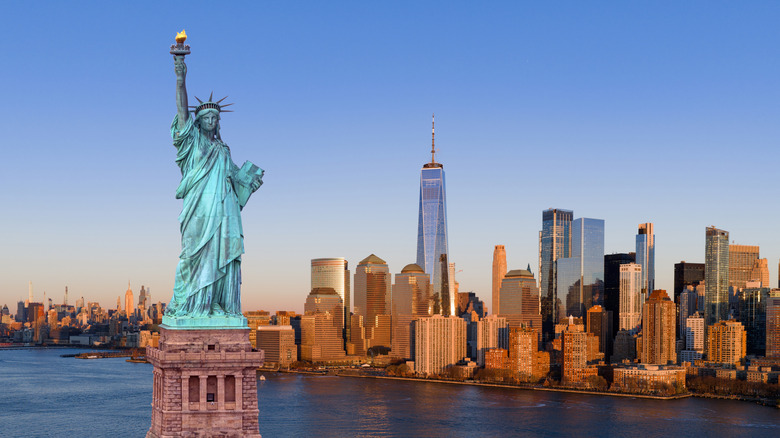 The Statue of Liberty against the Manhattan skyline