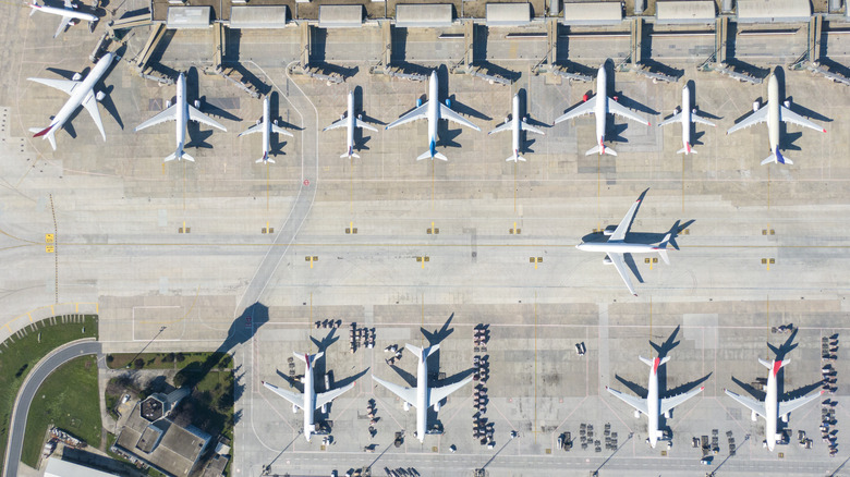 Aerial view of airplanes at an airport