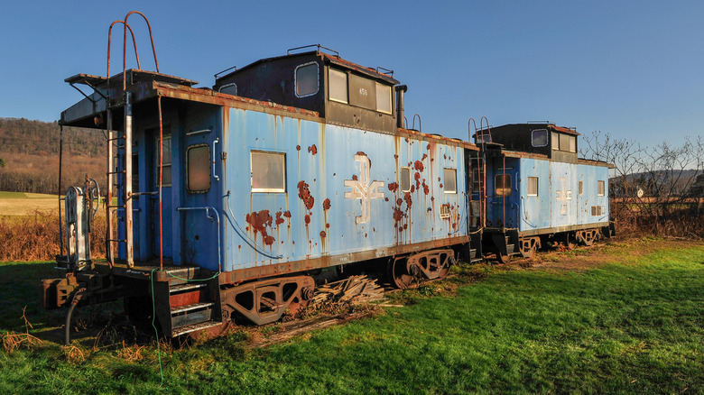 Rusty old train wagons in a field in Massachusetts