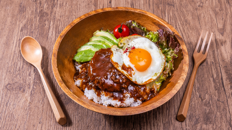 Wooden bowl of loco moco