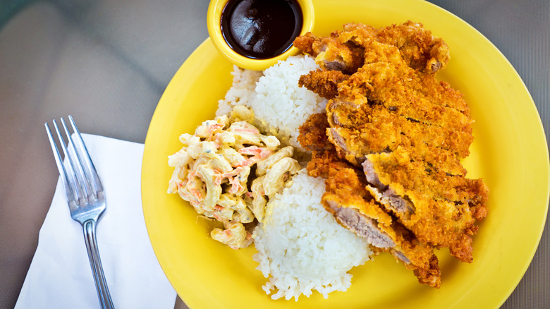 Hawaiian plate lunch with pork katsu