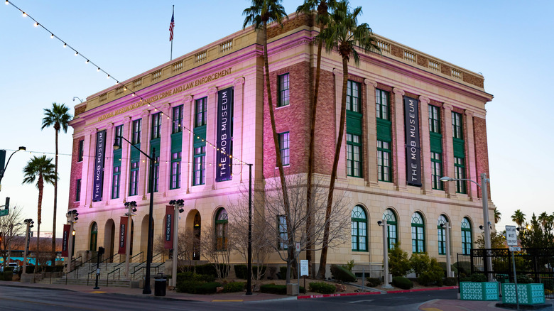 The Mob Museum building illuminated at dusk in downtown Las Vegas.