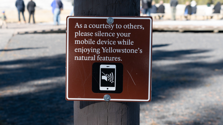 A reminder sign about cellphone usage in the park.