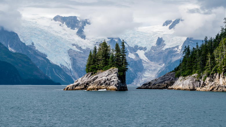 A small island with glaciated mountain backdrop in Kenai Fjords National Park, Alaska.