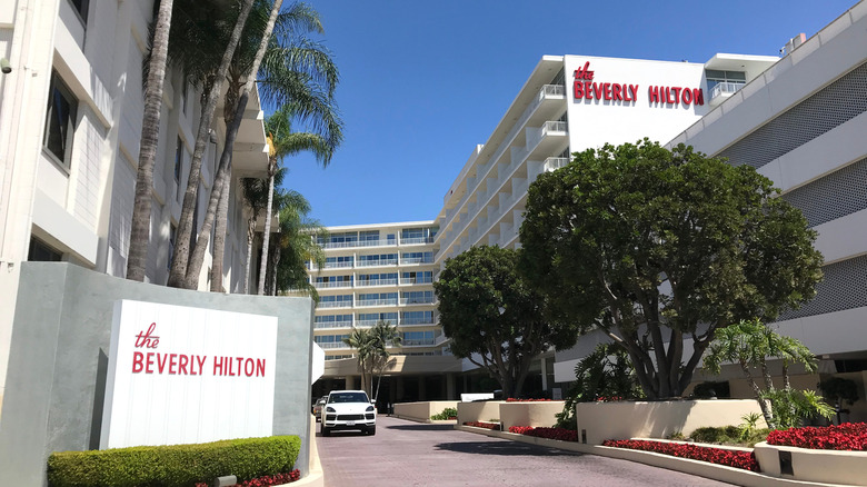 The entrance to the Beverly Hilton hotel in Beverly Hills, which hosts star-studded events