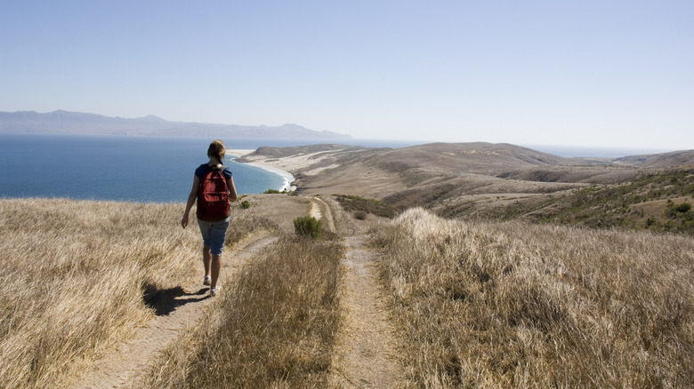 A hiker on the shoreline of Santa Rosa Island in California