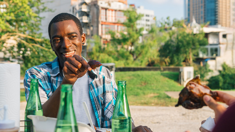 Man eating barbecue in Houston