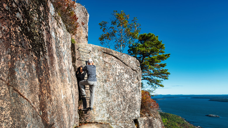 A hiker scaling iron ladder rungs on the Precipice Trail in Maine's Acadia National Forest