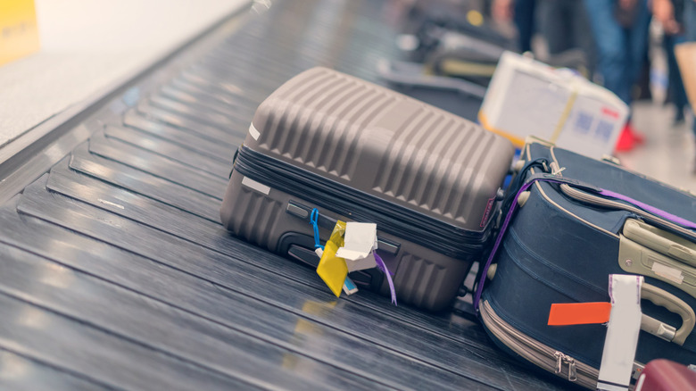 Suitcases with various tags on the baggage claim carousel.