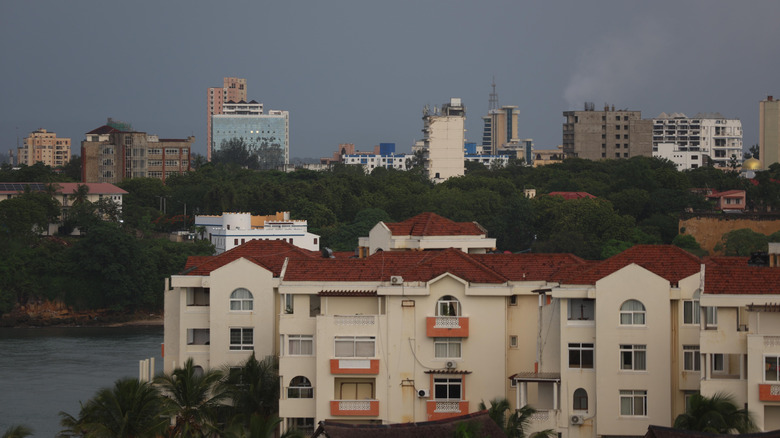 Skyline of Mombasa, Kenya, with a residential building in the foreground