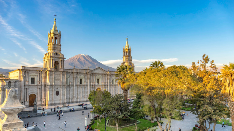 Panoramic view of the Basilica Cathedral of Arequipa and the Plaza de Armas in the colonial old town of Arequipa