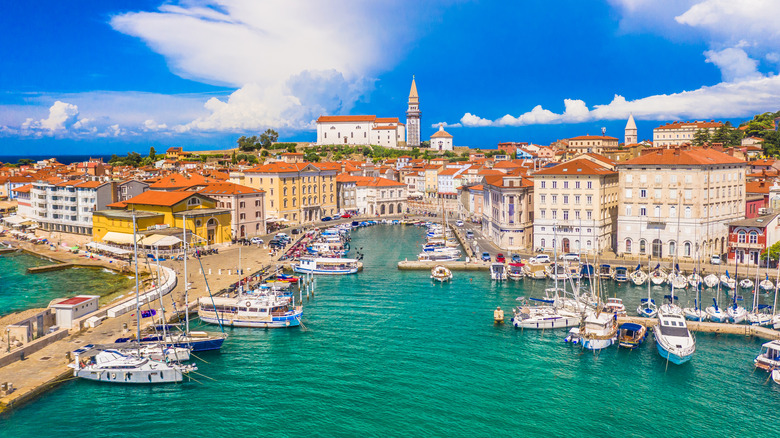 Wide angle panoramic shot of Piran, Slovenia, on the Adriatic Coast